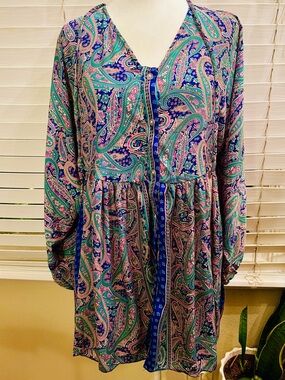 Boho Paisley oversized V-Neck Button Down Long Sleeve Poly Silk Tunic OS